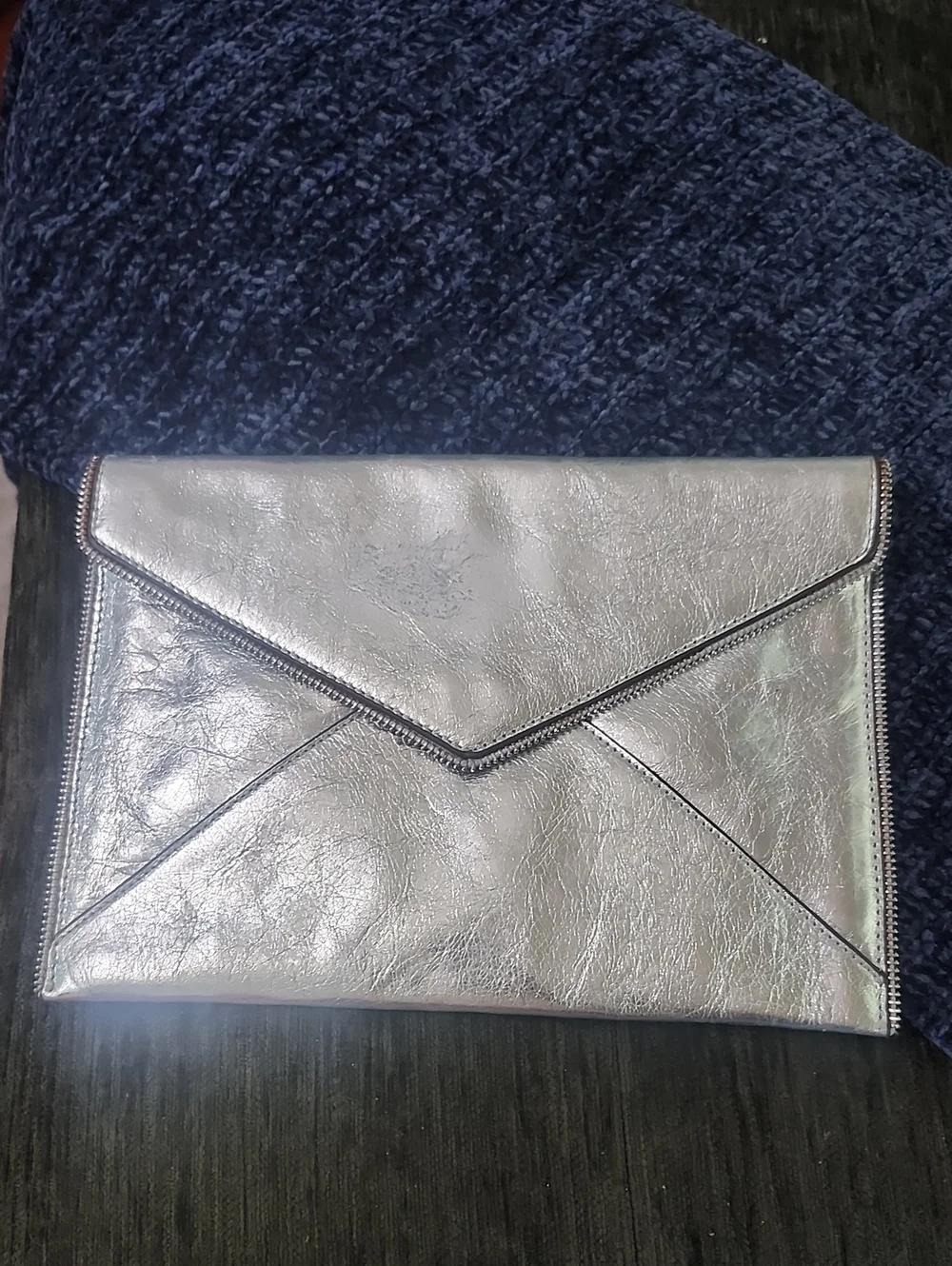 Rebecca Minkoff Silver Leather Envelope Clutch Metallic W/Zip Detail